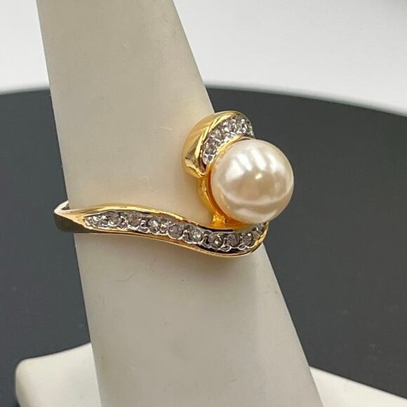 Joseph Esposito Espo Vintage 925 Vermeil 7mm White Faux Pearl Cz Ring Sz 7.25 - Picture 1 of 8
